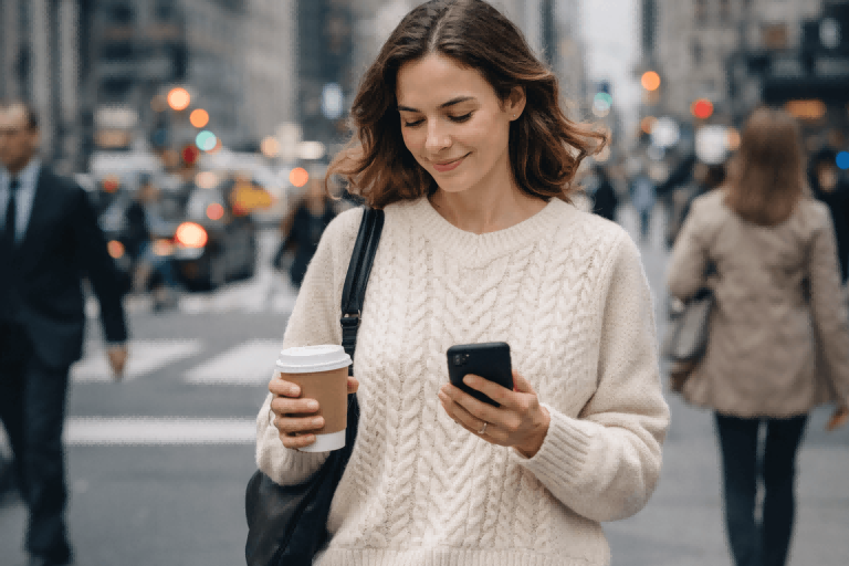 A person comfortably wearing a Merino wool sweater on a busy day